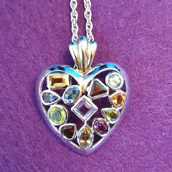 Vintage High Quality Sterling Silver Natural Multi-Gem Heart Pendant Necklace - Picture 13 of 13
